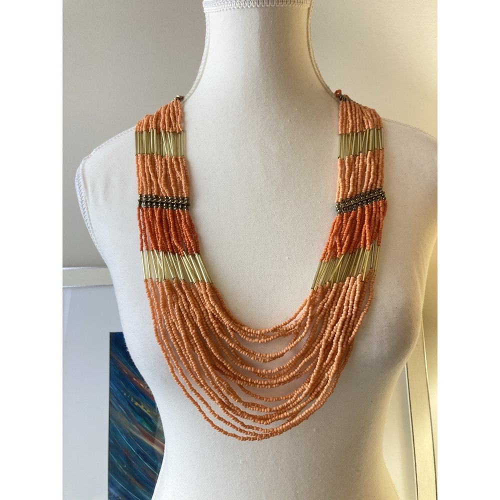 Bold Orange Multi Strand Seed Bead Necklace Boho Bib Statement Artsy Colorful